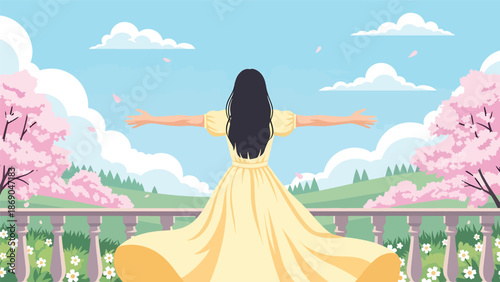 Vector illustration of a woman welcoming spring on a balcony, positive lifestyle scene with flowers, sunshine, fresh air, and seasonal happiness