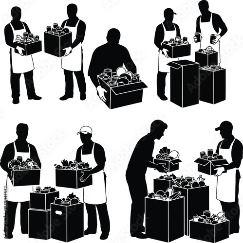 Silhouette Workers Handling Waste and Food Donations