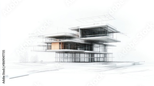 A 3D rendering of a modern house design with a focus on the architectural details.