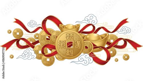 Premium Chinese New Year decoration vector combination of Chinese coins, ribbons and clouds