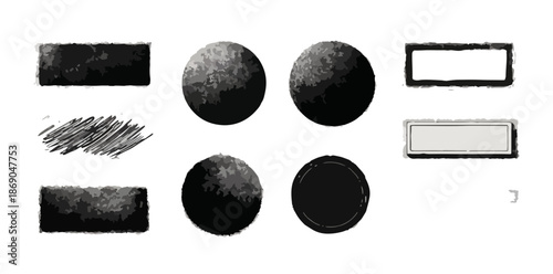 Collection d'éléments graphiques noirs et blancs avec textures grunge, formes géométriques et traits dessinés à la main pour un design transparent et moderne.