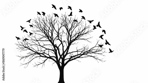 Flock of Birds Flying from Bare Tree Silhouette.