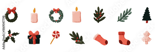 Ensemble d'éléments de Noël vectoriels isolés sur fond transparent, incluant couronnes, bougies, cadeaux et décorations festives.