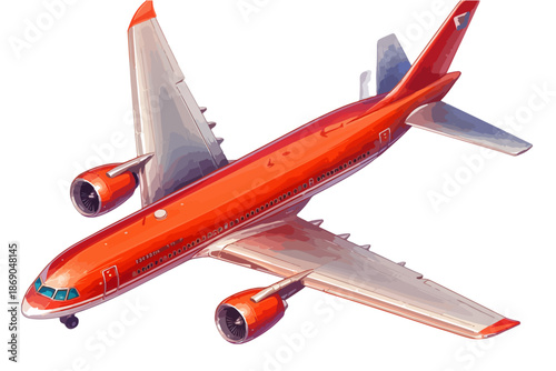 Illustration isométrique d'un avion de ligne rouge moderne, prêt pour le voyage aérien international, sur un fond transparent.