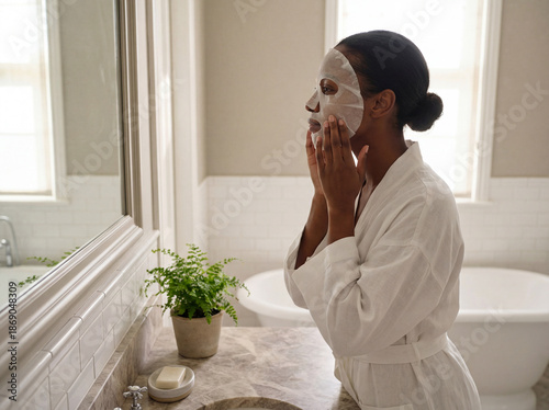 Black Woman Applying Sheet Face Mask During Relaxing Skincare Routine at Home