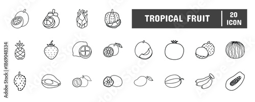 20 Tropical Fruit Line Icon Illustration Set