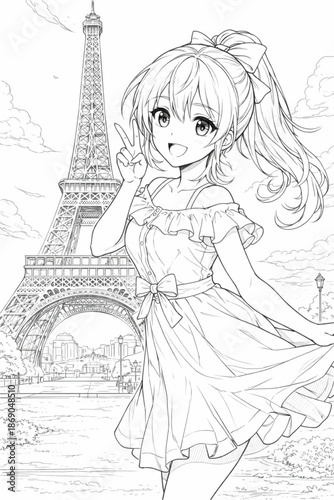 Stylized Pencil Sketch of a Girl Looking at the Eiffel Tower in Paris, Romantic Travel Artwork with Detailed Architectural Elements