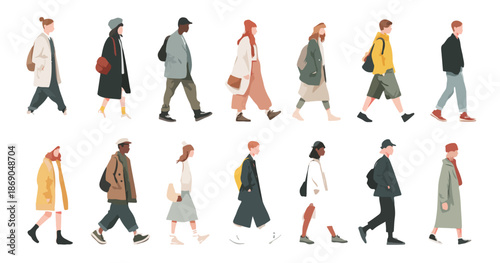 Ilustración vectorial de un grupo diverso de personas caminando con ropa moderna y estilo plano sobre fondo transparente, ideal para diseño gráfico.