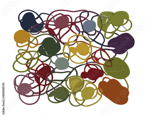 Fondo abstracto con formas orgánicas y líneas entrelazadas en una compleja red de colores vibrantes, ideal para diseño gráfico y conceptos de conexión.