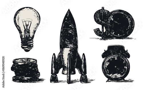 Colección de iconos de negocio dibujados a mano: bombilla, cohete, dinero, monedas y reloj, sobre fondo transparente.