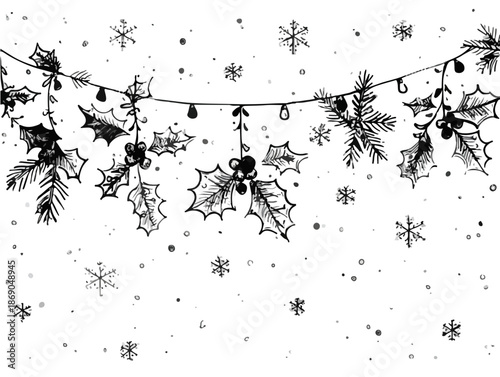 Ilustración navideña dibujada a mano con guirnalda de luces, acebo y copos de nieve, ideal para fondos transparentes.