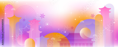 
Chinese colorful cityscape background. Pink, violet, orange, white gradients. Traditional, modern chinese architecture. New year, holiday fireworks, atmosphere. Travel concept.