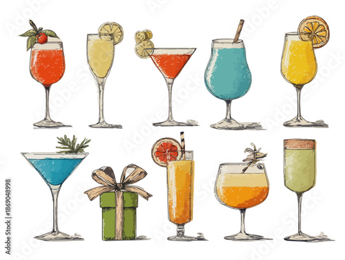 Exquisita colección de cócteles coloridos y una caja de regalo, ilustrados a mano con estilo acuarela sobre fondo transparente para celebraciones y eventos.