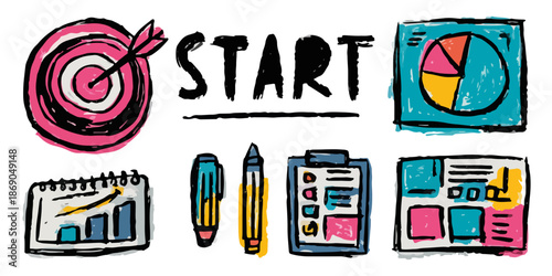 Conjunto de iconos de negocio estilo doodle para el inicio de proyectos: objetivo, gráficos, planificación y análisis de datos, con fondo transparente.