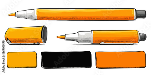 Ilustración detallada de un rotulador naranja con tapa y sin tapa, junto a muestras de color, sobre fondo blanco, ideal para diseño gráfico.