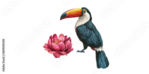 Ilustración digital de un tucán vibrante con un pico naranja y una hermosa flor rosa, ideal para diseños tropicales y fondos transparentes.