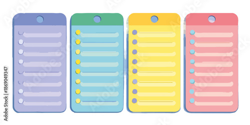 Ilustración vectorial de cuatro blocs de notas adhesivas coloridas con listas y espacio para texto, perfectas para organizar ideas y tareas con fondo transparente.
