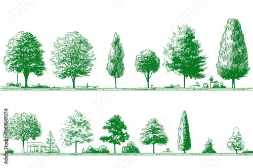 Conjunto de árboles y arbustos dibujados a mano en estilo boceto verde, perfectos para diseño arquitectónico y paisajístico con fondo transparente.