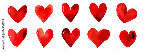 Conjunto de diez corazones rojos dibujados a mano en estilo acuarela, perfectos para expresar amor y pasión en diseños románticos con fondo transparente.