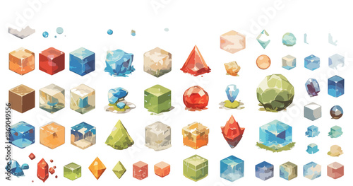 Colección de gemas y cristales transparentes de acuarela en diversas formas geométricas, perfectos para elementos de diseño gráfico y juegos.