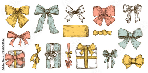 Conjunto de lazos y regalos dibujados a mano en estilo vintage, con colores pastel, ideales para diseños festivos y celebraciones.