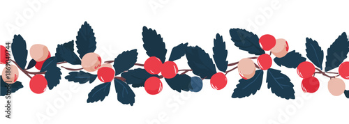 Bordo decorativo natalizio trasparente con bacche rosse e foglie verdi, ideale per design festivi e auguri invernali.