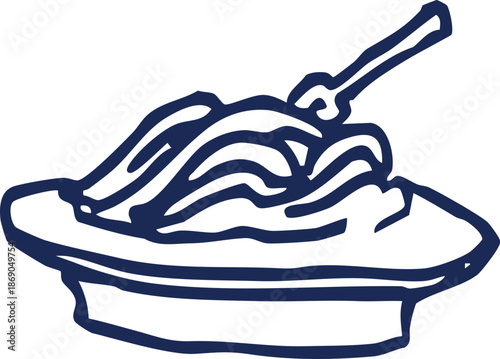 Stylized hand-drawn outline of a classic pasta dish with a fork, a versatile graphic suitable for culinary icons, food service menus, or cooking-themed designs