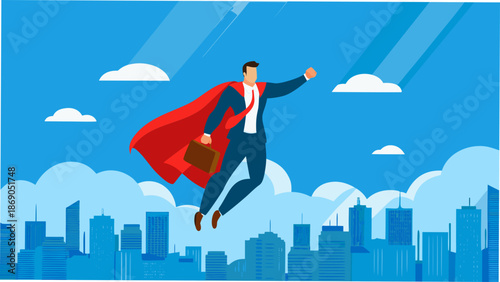 Dynamic businessman in superhero cape flying over cityscape