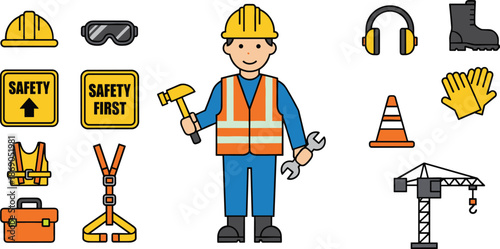 Construction worker character set with safety equipment icons, industrial engineering tools, PPE gear, and building site elements isolated on white background