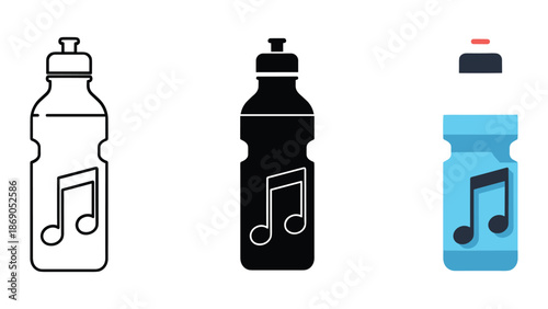 Water bottle with music note icon set