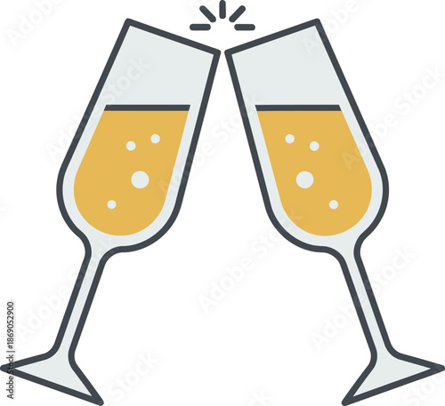Two champagne glasses clinking together in a toast, with bubbles rising.