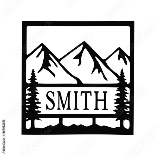 Personalized Smith Mountain Sign, Black and White Silhouette with Evergreen Trees