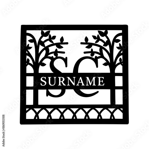 Monogram Surname Frame Featuring Trees and Intricate Design Black and White