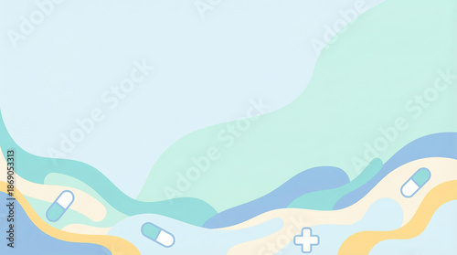 Abstract background of blue, white, and yellow wavy lines with medical symbols like pills and crosses, representing health and wellness themes