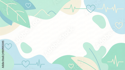 Abstract medical background with blue and green organic shapes and heartbeat lines, conveying health and wellness