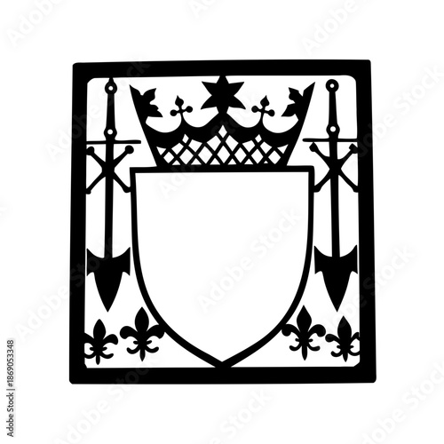 Heraldic Crest Design with Crown, Swords, Shield, and Fleurdelis Embellishments