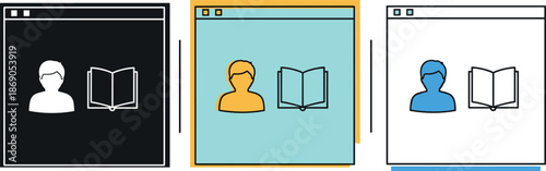 Online education and user learning interface icon set vector illustration featuring profile avatar and open book symbols inside web browser windows for e learning platform and digital knowledge design