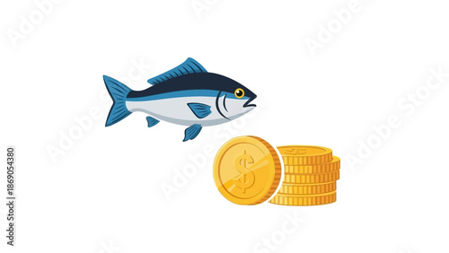 Blue fish jumping over a stack of gold coins.
