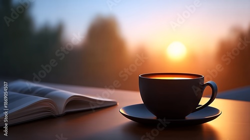 Warm Morning Coffee Cup And Open Book With Sunrise Background