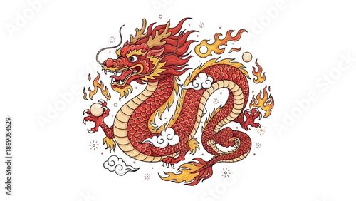 Vibrant Red Dragon Illustration with Flames and Smoke.