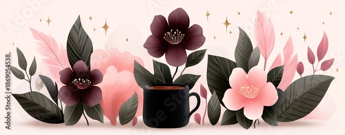 Dark Pink And Light Pink Flowers In A Black Mug And On A Light Pink Background