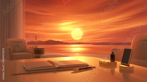 Luxury Office Overlooking Ocean Sunset Warm Golden Hour Reflection Calm Water Mountain Silhouette