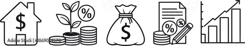 Financial growth and investment management icon set vector illustration featuring home value, savings interest, profit analysis, money bag, documents, and upward chart for business finance design