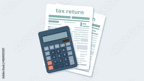 Illustration of a dark gray calculator placed on two white tax return documents on a light gray surface