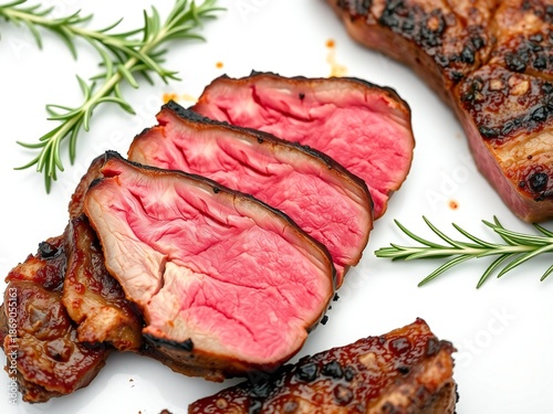 Juicy sliced steak with rosemary