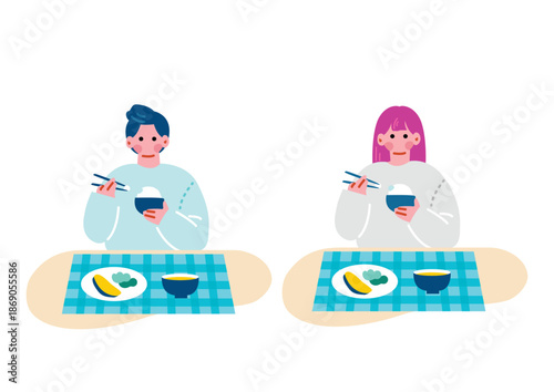 食事をする若い男女