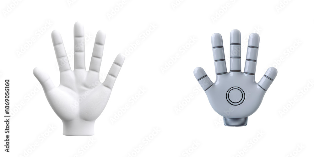 Obraz premium Two stylized hands are displayed, one realistic and one robotic, showcasing different designs and functionalities.