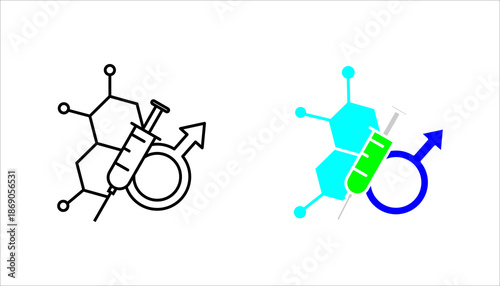 Injection and Male Symbol Line Icon Outline icon of a syringe combined with male symbol and molecular structure, representing male health, hormone therapy, medical treatment, and biotechnology.