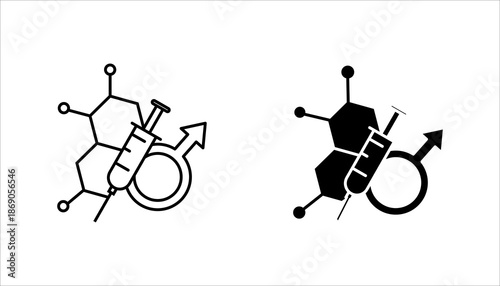Injection and Male Symbol Line Icon Outline icon of a syringe combined with male symbol and molecular structure, representing male health, hormone therapy, medical treatment, and biotechnology.