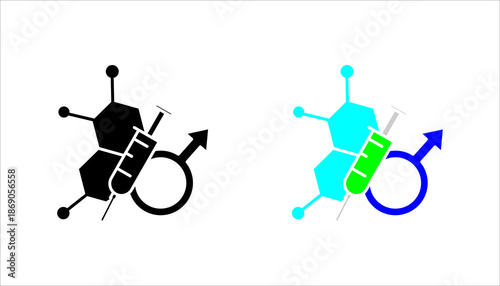 Injection and Male Symbol Line Icon Outline icon of a syringe combined with male symbol and molecular structure, representing male health, hormone therapy, medical treatment, and biotechnology.